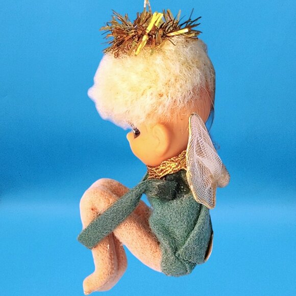 Vintage 1950s Napco Pixie Angel Knee Hugger Ornament Japan Green Felt Gold Halo - Picture 5 of 10